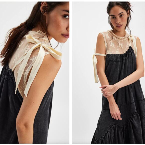 FREE PEOPLE In The Market Maxi Dress Denim Washed Black Sz L {3Y1} - Picture 2 of 8